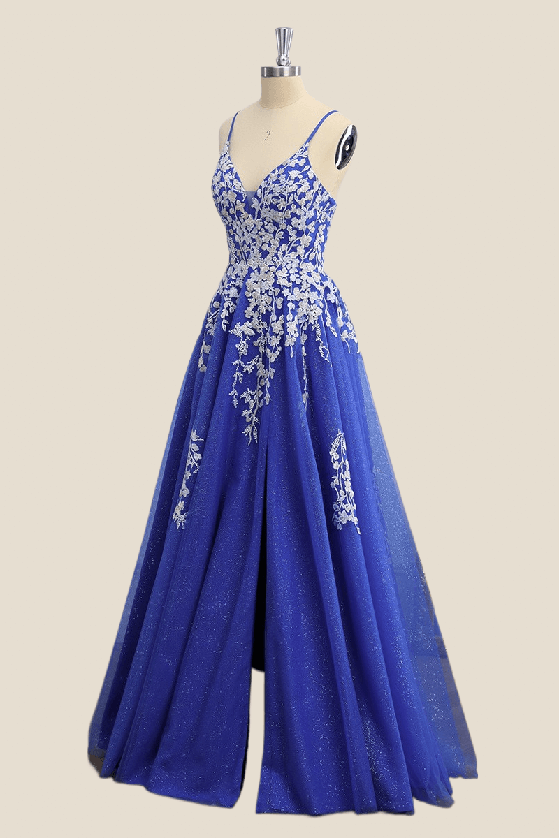 Royal Blue and White Lace A-line Long Formal Dress