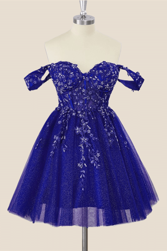 Off the Shoulder Royal Blue Embroidered Party Dress
