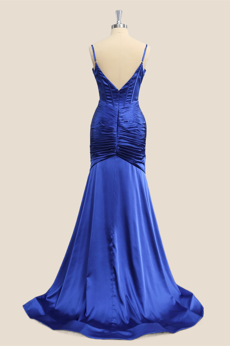 Spaghetti Straps Royal Blue Satin Mermaid Prom Dress