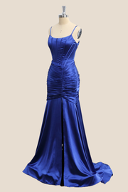 Spaghetti Straps Royal Blue Satin Mermaid Prom Dress