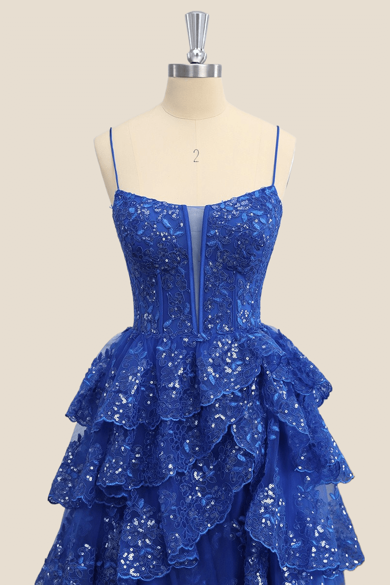 Straps Royal Blue Appliques Ruffles Long Formal Dress