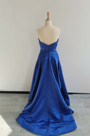 US 4 Ruched Royal Blue Satin A-line Prom Gown