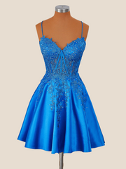 Royal Blue Satin and Lace Short Dress