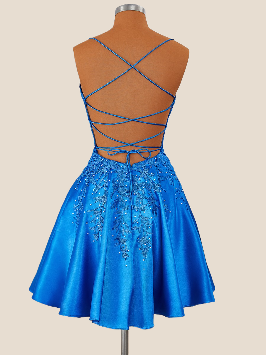 Royal Blue Satin and Lace Short Dress