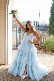 Navy Blue Tiered Ruffle Long Ball Gown with Straps