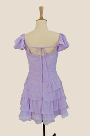 V Neck Lavender Layered Chiffon Short Dress