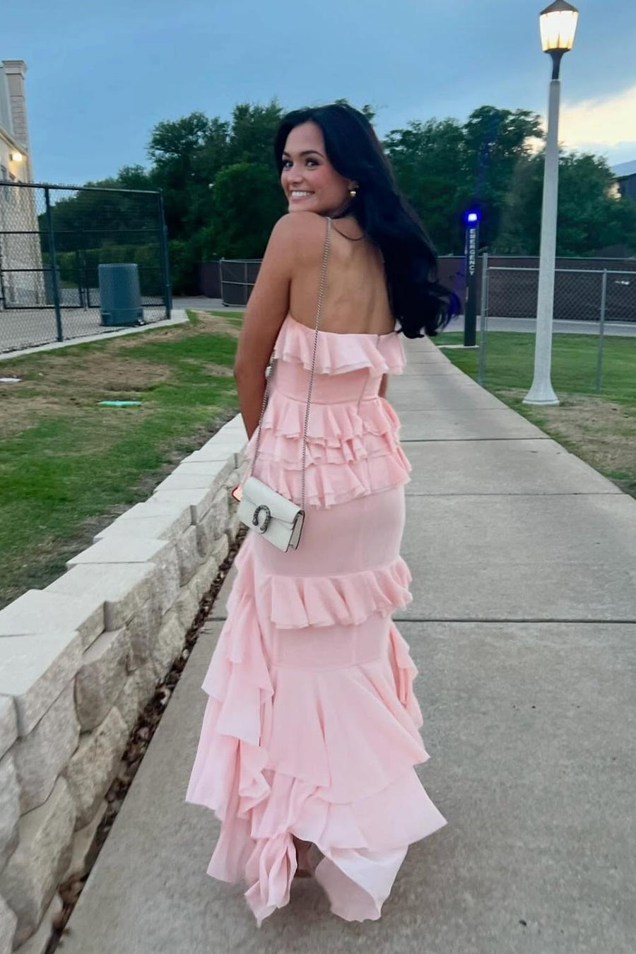 Strapless Blue Ruffle Tiered Long Chiffon Dress