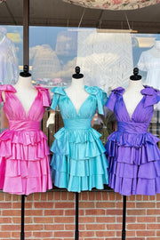 Plunge Neck Pink Layered Ruched Short Dress