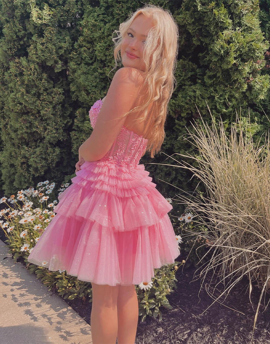 Pink Lace Appliques and Tulle Ruffles Short Dress