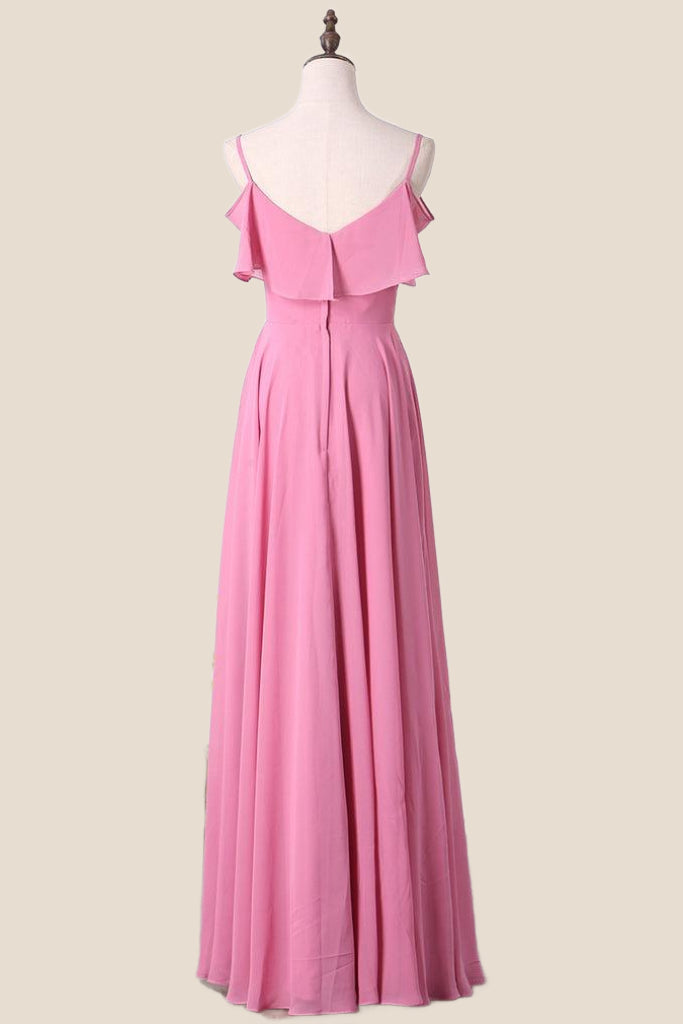 Cold Shoulders Pink Chiffon Ruffles A-line Bridesmaid Dress