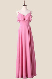 Cold Shoulders Pink Chiffon Ruffles A-line Bridesmaid Dress