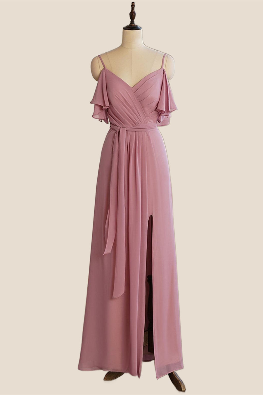 Spaghetti Straps Rose Pink Pleated Chiffon Bridesmaid Dress with Slit