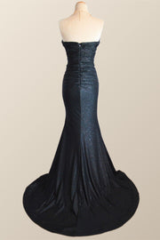 Strapless Black Ruched Mermaid Long Prom Dress