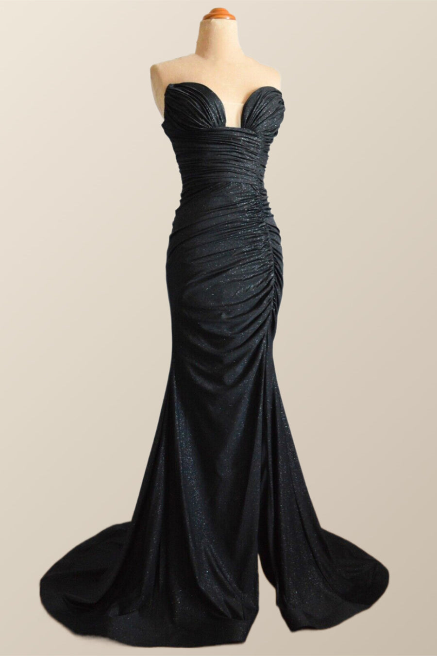 Strapless Black Ruched Mermaid Long Prom Dress