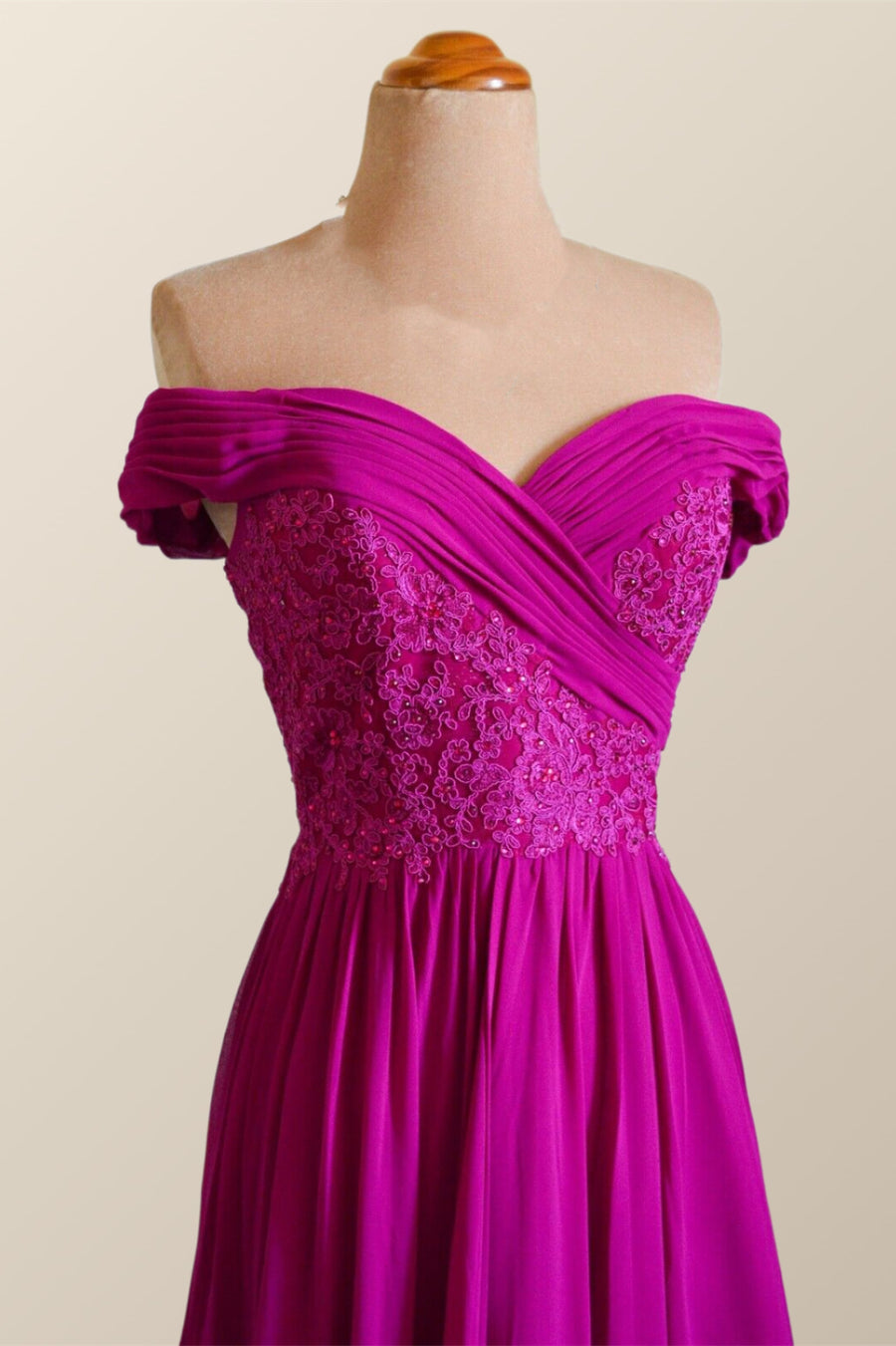 Off the Shoulder Fuchsia Appliques Long Prom Dress