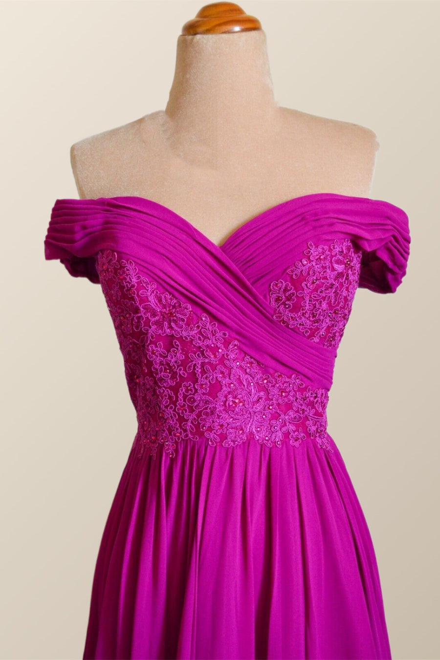 Off the Shoulder Fuchsia Appliques Long Prom Dress