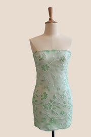 Strapless Blue Beaded Flowers Tight Short Dress