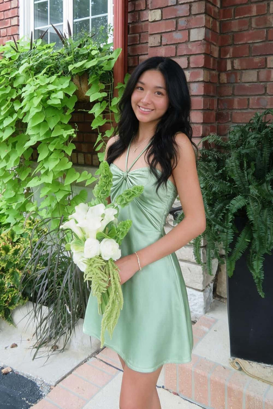 Halter Sage Green Back Tie A-line Short Dress