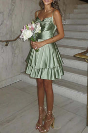 Cowl Neck Sage Ruffles Short Princess Dress