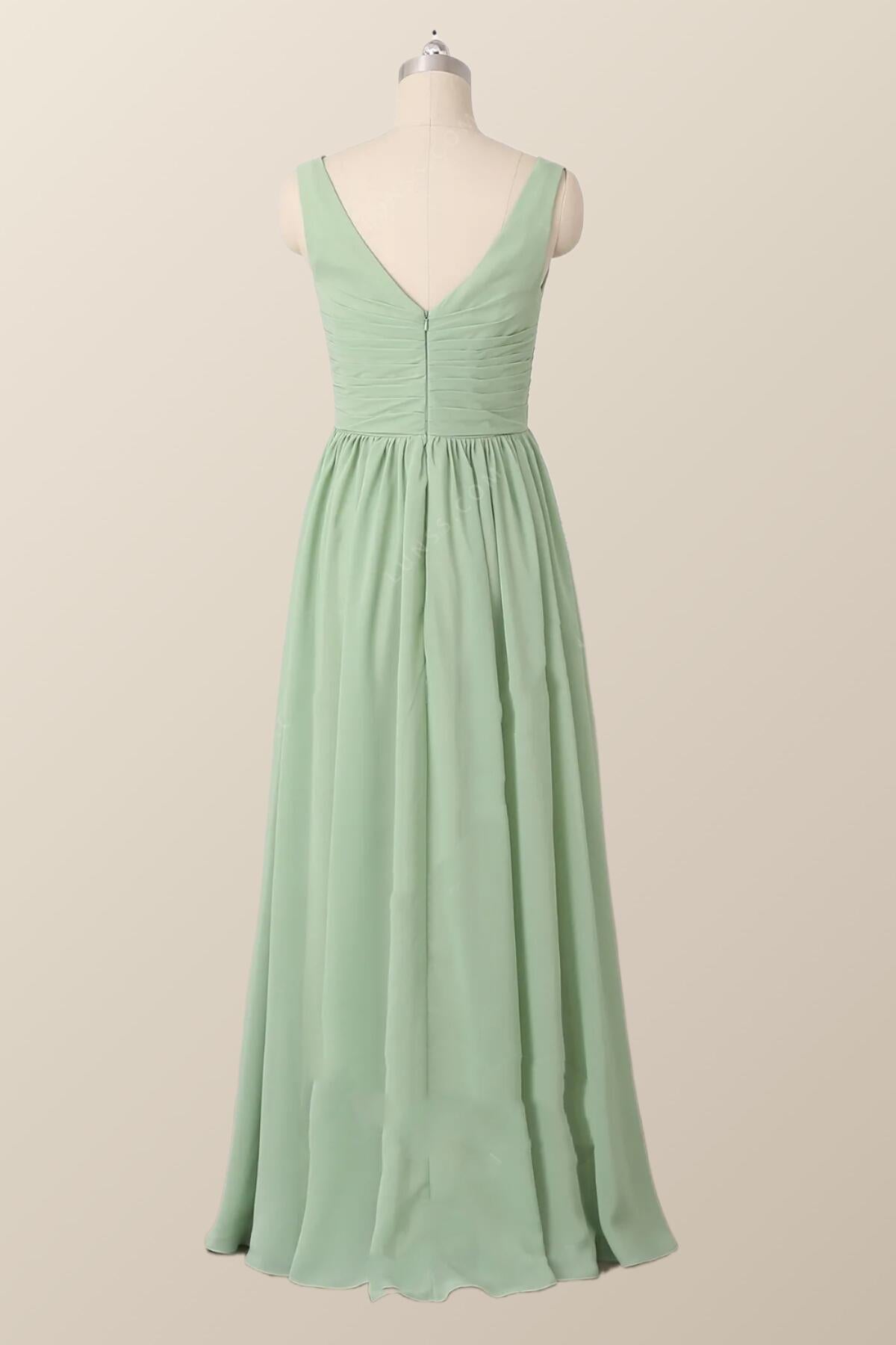 Pleated V Neck Mint Green Chiffon Bridesmaid Dress
