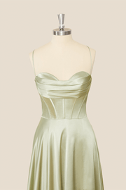 Sage Green Satin A-line Long Formal Dress