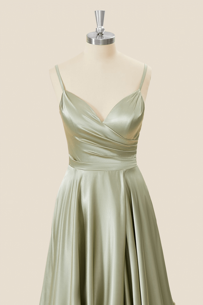 Sage Green Satin Straps A-line Long Formal Dress