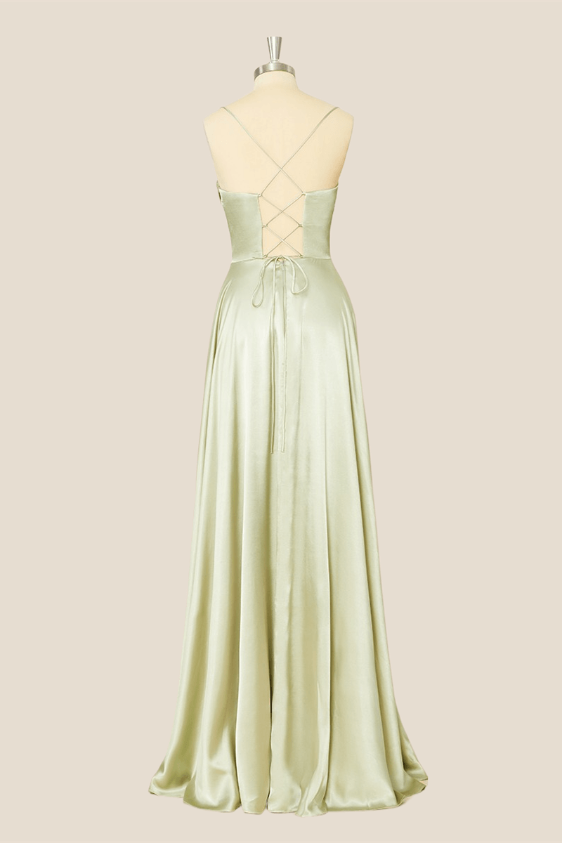 Cowl Neck Sage Green Satin A-line Long Formal Dress