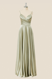 Sage Green Satin Straps A-line Long Formal Dress