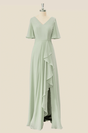 Sage Green Chiffon Ruffles Long Bridesmaid Dress