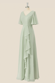 Sage Green Chiffon Ruffles Long Bridesmaid Dress