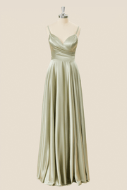 US 4 Straps Sage Green Satin Long Prom Dress