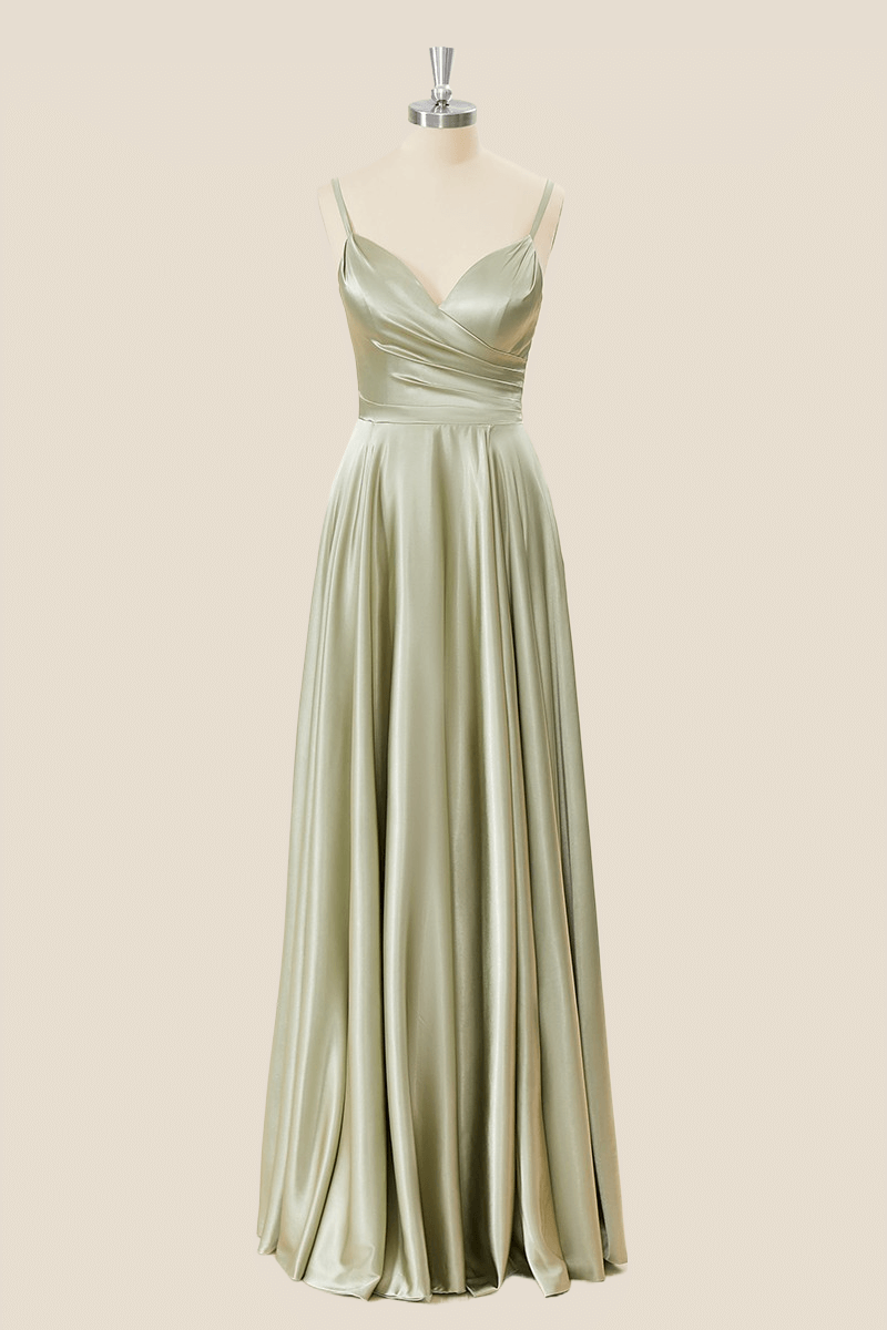 US 4 Straps Sage Green Satin Long Prom Dress