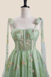 Green Floral Embroidery Corset A-line Short Fairytale Dress