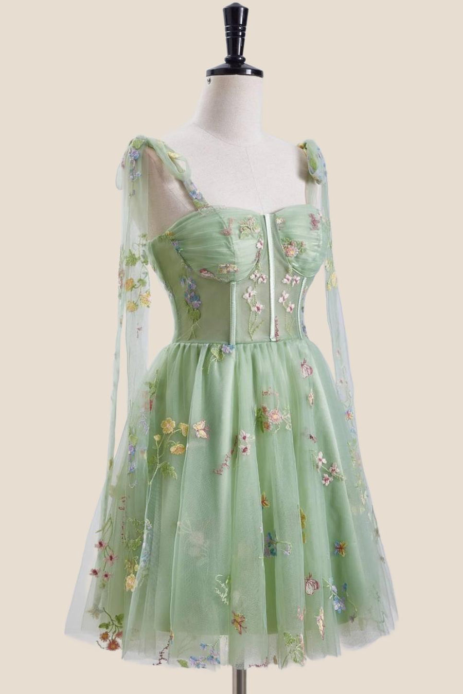 Green Floral Embroidery Corset A-line Short Fairytale Dress