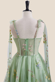 Green Floral Embroidery Corset A-line Short Fairytale Dress