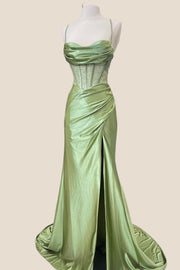 Sage Green Ruched Corset Mermaid Long Prom Dress – Ohmollydress