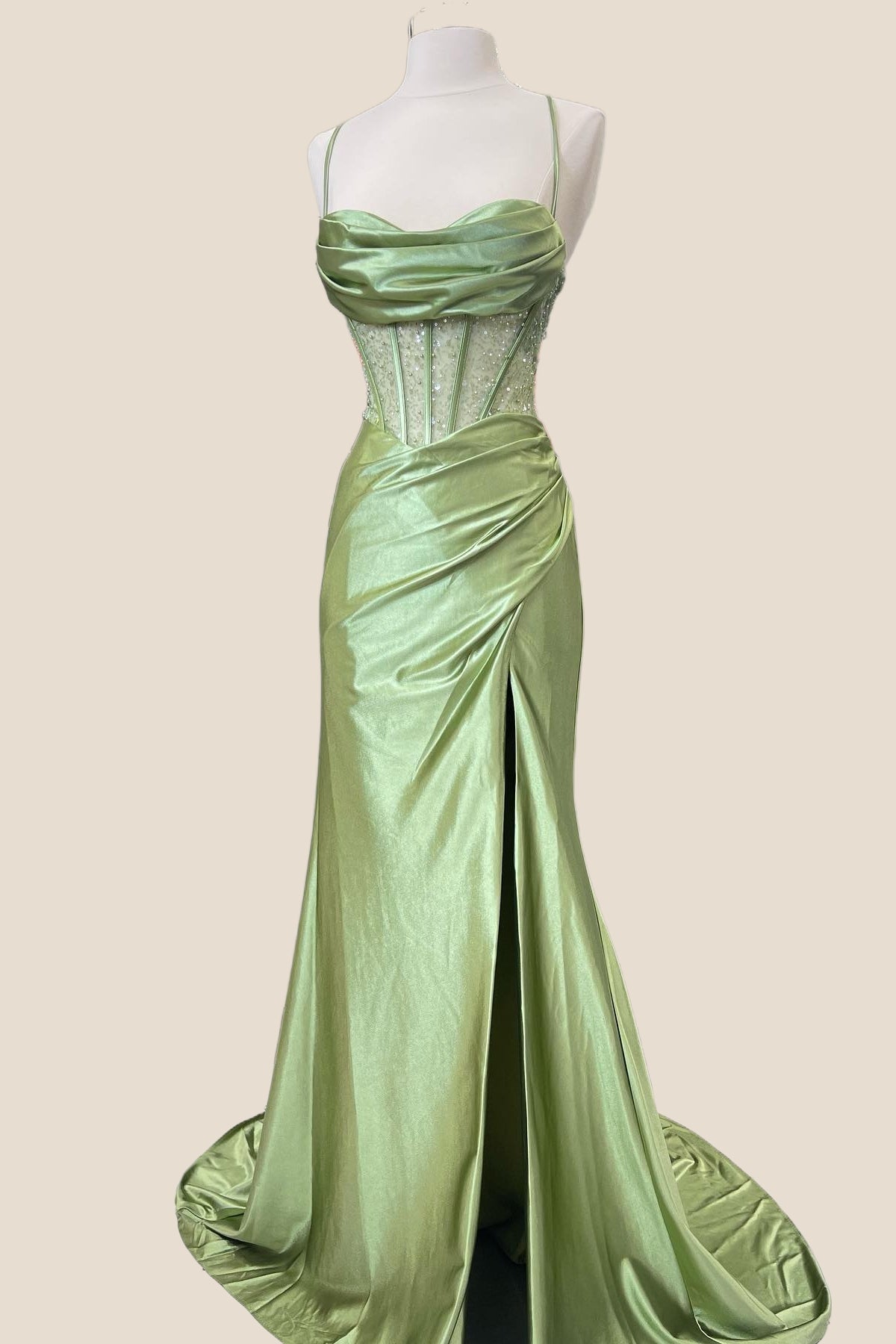 Sage Green Ruched Corset Mermaid Long Prom Dress – Ohmollydress