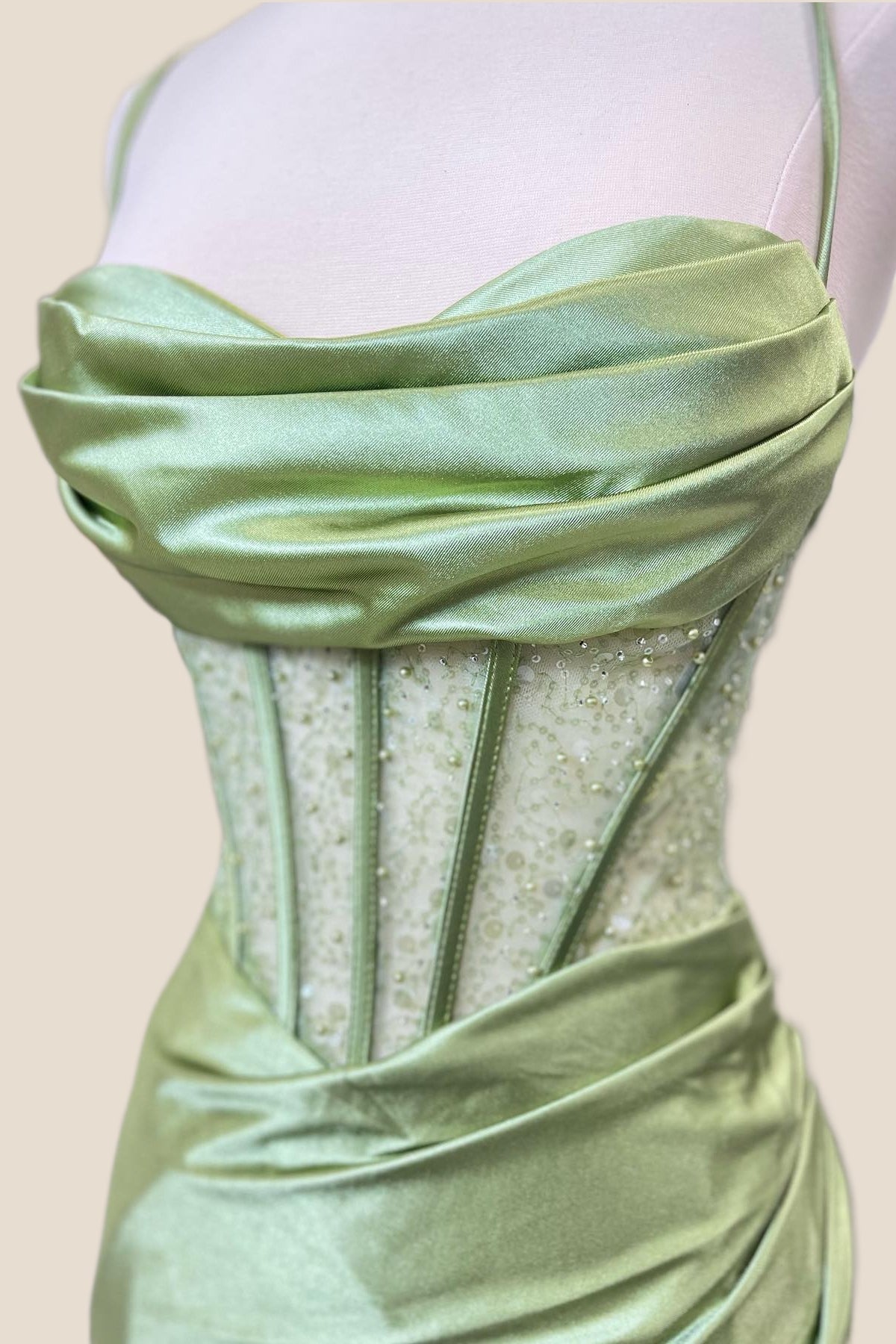 Sage Green Ruched Corset Mermaid Long Prom Dress – Ohmollydress