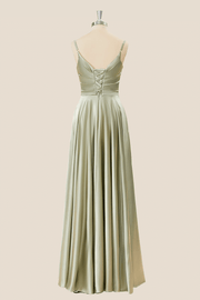 US 4 Straps Sage Green Satin Long Prom Dress