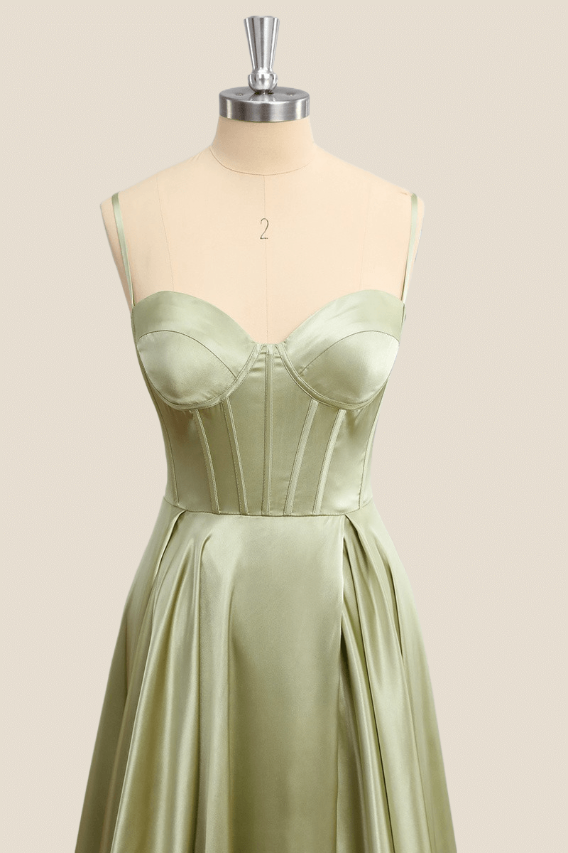 Sage Green Corset A-line Satin Long Formal Dress