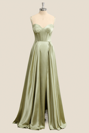 Sage Green Corset A-line Satin Long Formal Dress