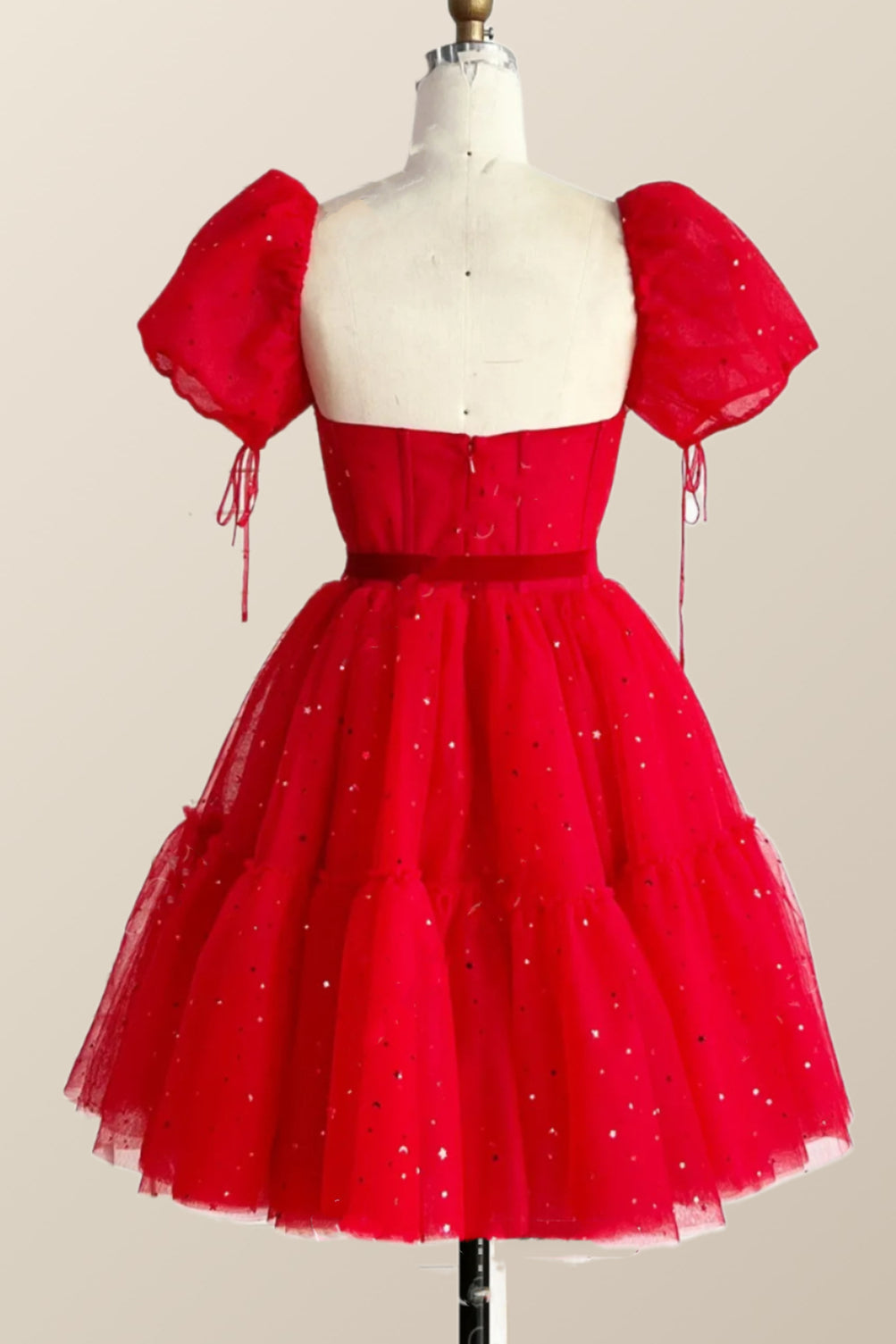 Short Puffy Sleeves Red Tulle Starry Midi Dress