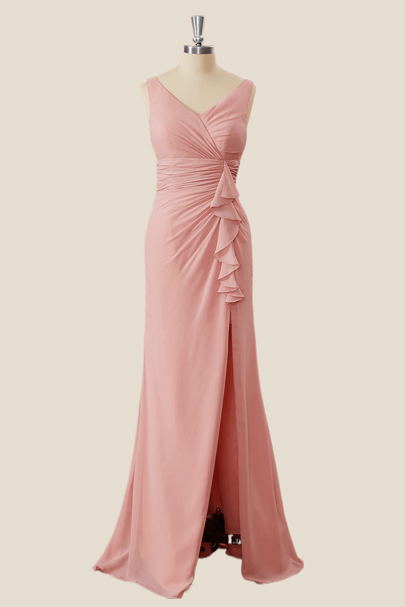 Blush Pink Sheath Ruffles Long Bridesmaid Dress