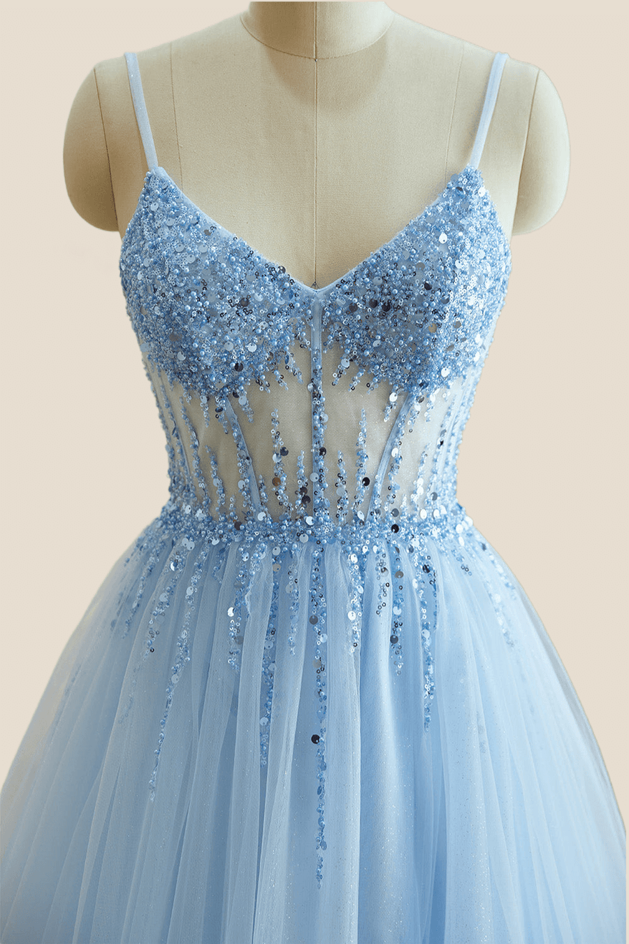 Light Blue Sheer Beaded A-line Long Formal Dress