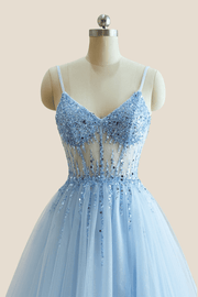 Light Blue Sheer Beaded A-line Long Formal Dress
