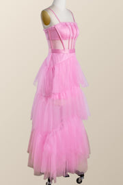 Pink Tulle Tiered Ruffle Party Dress