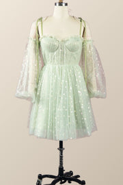 Mint Green Coset Short Dress with Puffy Sleeves