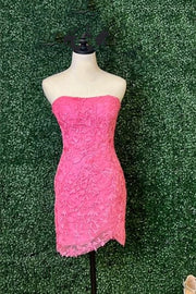Strapless Hot Pink Lace Tulip Mini Dress