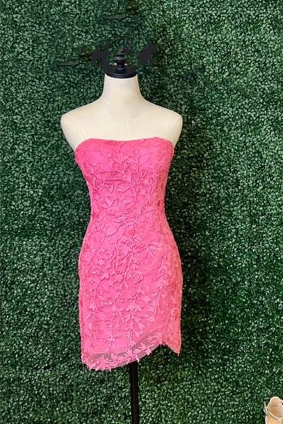 Strapless Hot Pink Lace Tulip Mini Dress