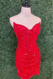 Strapless Red Sequin Tight Mini Dress